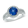 Thumbnail Image 1 of Previously Owned - 8.0mm Lab-Created Blue and White Sapphire Frame Ring in Sterling Silver