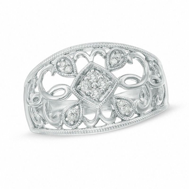 Previously Owned - 0.10 CT. T.W. Quad Diamond Scroll Dome Ring in Sterling Silver|Peoples Jewellers