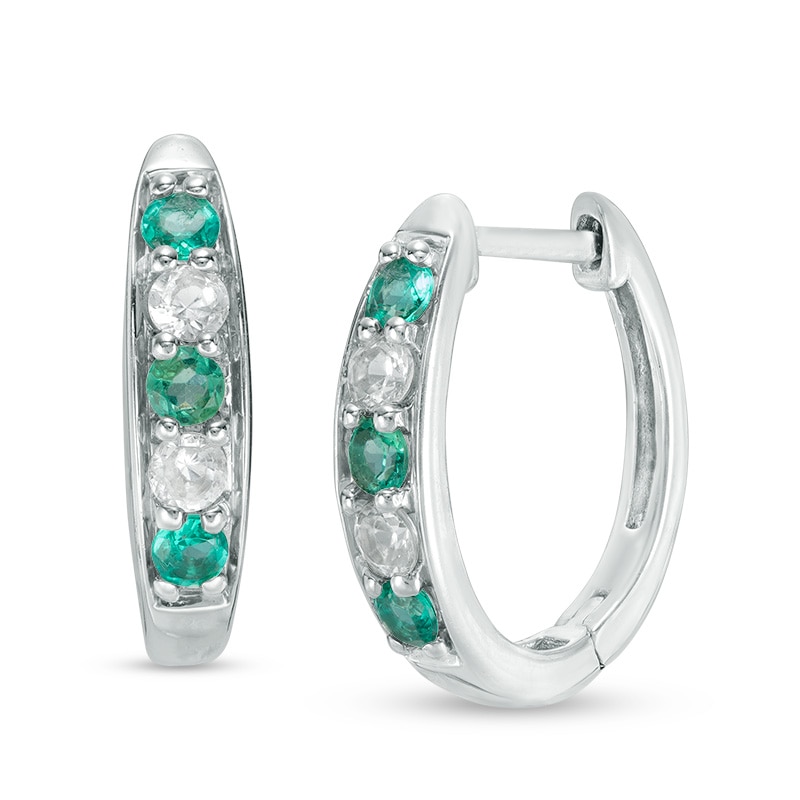 Previously Owned - Lab-Created Emerald and White Sapphire Hoop Earrings in Sterling Silver