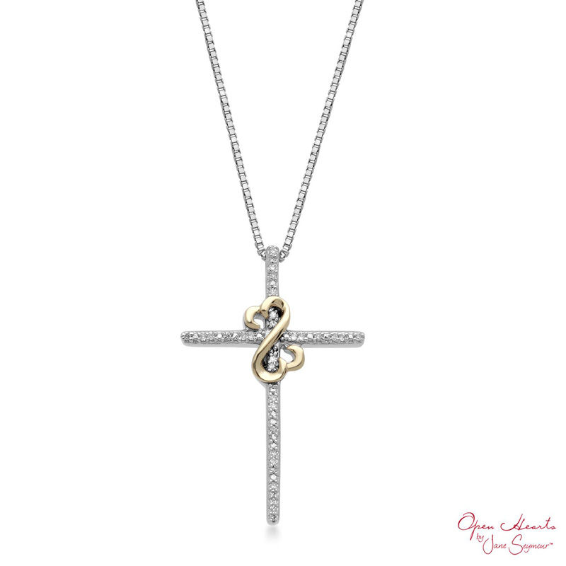 Previously Owned - Open Hearts by Jane Seymour™ 0.04 CT. T.W. Diamond Cross Pendant in Sterling Silver and 10K Gold