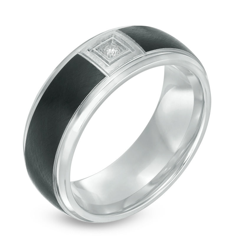Main Image 2 of Previously Owned - Men's Diamond Accent Solitaire Wedding Band in Black IP Stainless Steel