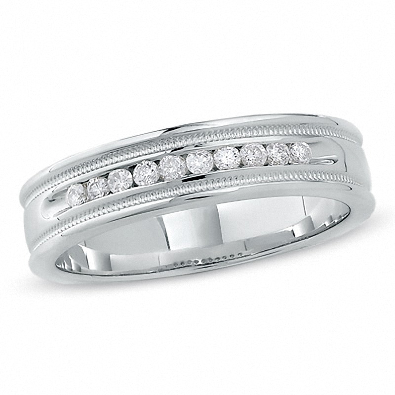 Previously Owned - Men's 0.25 CT. T.W. Diamond Channel Milgrain Band in 14K White Gold