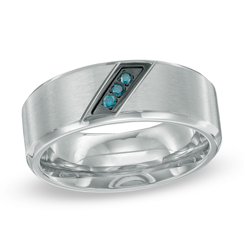 Previously Owned - Men's Enhanced Blue Diamond Accent Slant Wedding Band in Two-Tone Stainless Steel