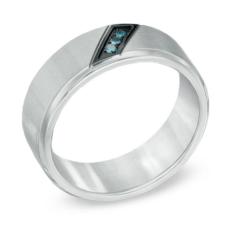 Previously Owned - Men's Enhanced Blue Diamond Accent Slant Wedding Band in Two-Tone Stainless Steel