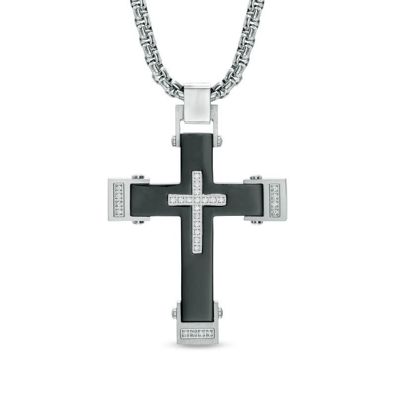 Previously Owned - Men's 0.22 CT. T.W. Diamond Cross Pendant in Two-Tone Stainless Steel - 24"