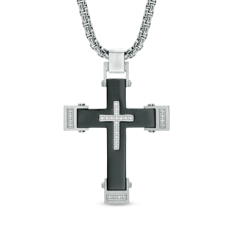 Previously Owned - Men's 0.22 CT. T.W. Diamond Cross Pendant in Two-Tone Stainless Steel - 24"|Peoples Jewellers