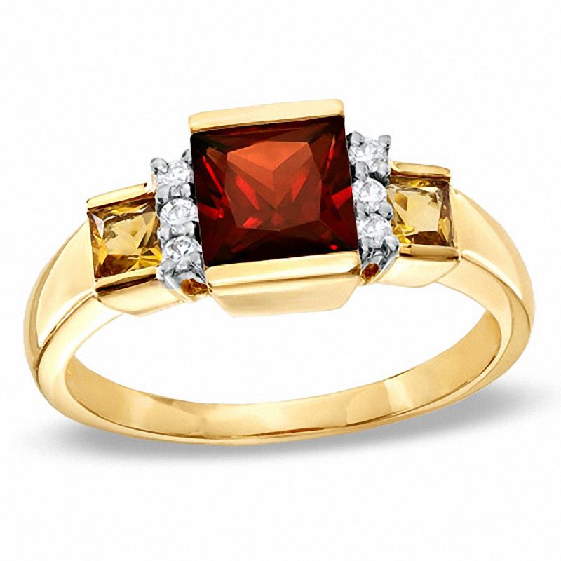 Previously Owned - Square Citrine and Garnet Ring in 10K Gold with Diamond Accents|Peoples Jewellers