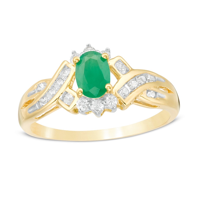 Main Image 1 of Previously Owned - Oval Emerald and Lab-Created White Sapphire Ring in 10K Gold