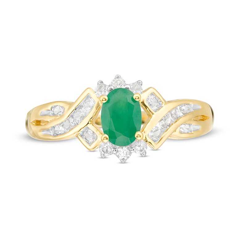 Main Image 4 of Previously Owned - Oval Emerald and Lab-Created White Sapphire Ring in 10K Gold