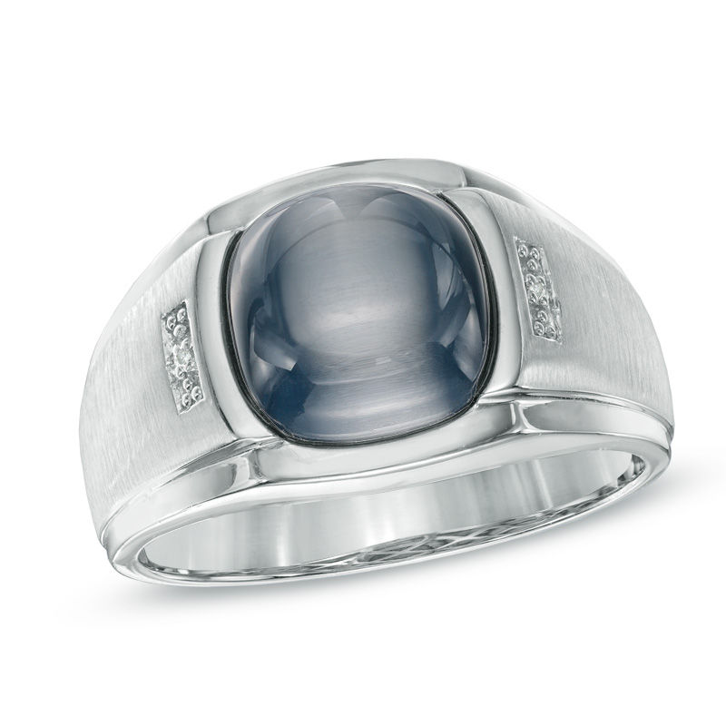 Previously Owned - Men's 10.0mm Cushion-Cut Simulated Hawks Eye and Diamond Accent Ring in 10K White Gold