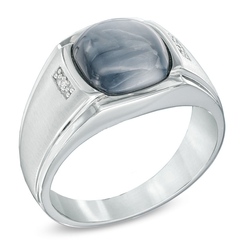Previously Owned - Men's 10.0mm Cushion-Cut Simulated Hawks Eye and Diamond Accent Ring in 10K White Gold