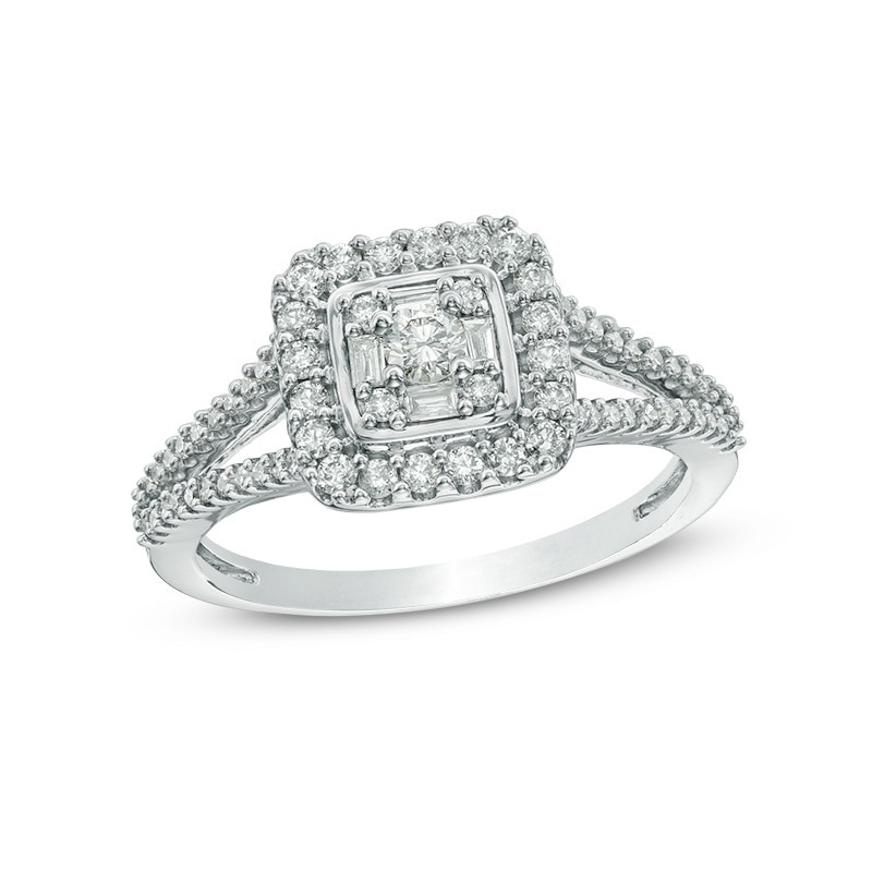 Previously Owned - 0.50 CT. T.W. Baguette and Round Composite Diamond Square Frame Ring 10K White Gold
