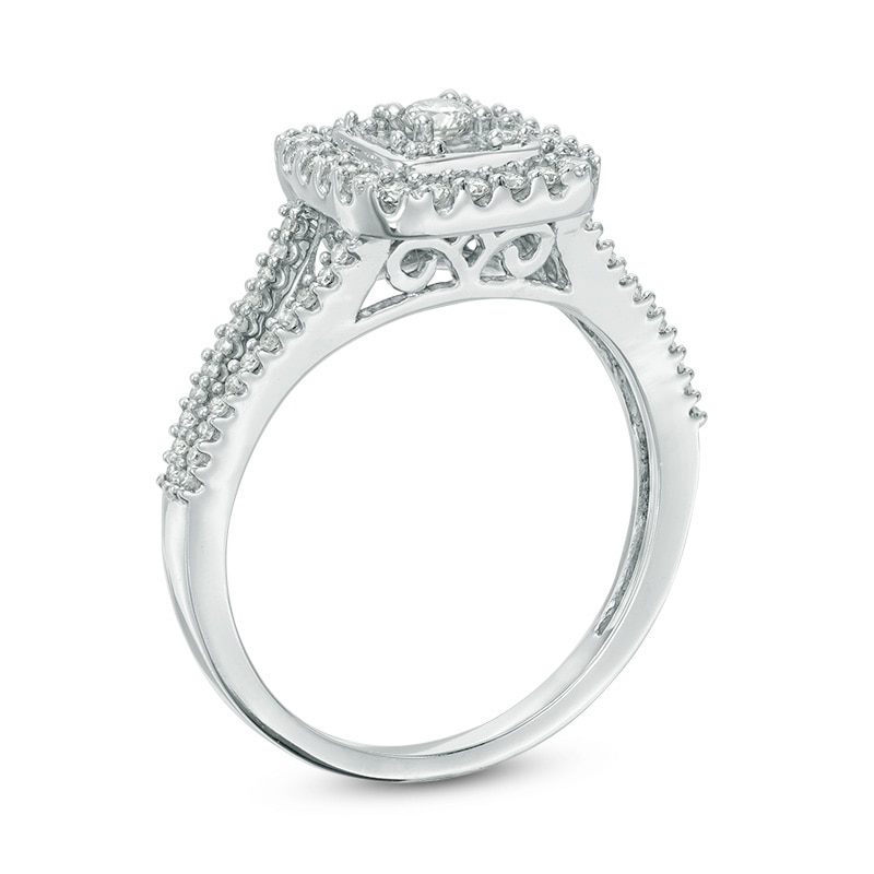 Previously Owned - 0.50 CT. T.W. Baguette and Round Composite Diamond Square Frame Ring 10K White Gold