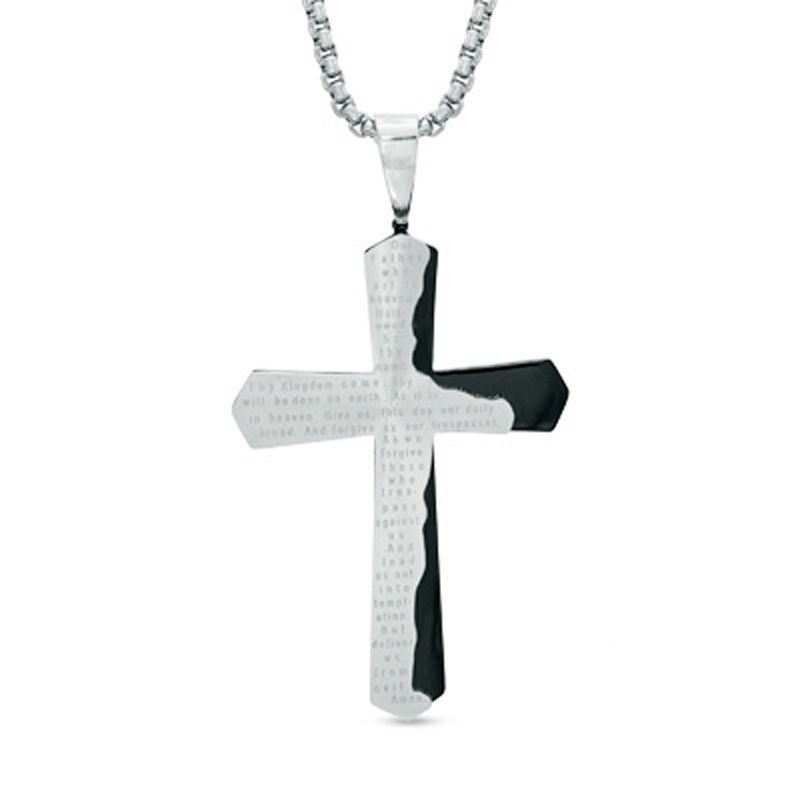 Previously Owned - Men's Lord's Prayer Cross Pendant in Stainless Steel and Black IP - 24"