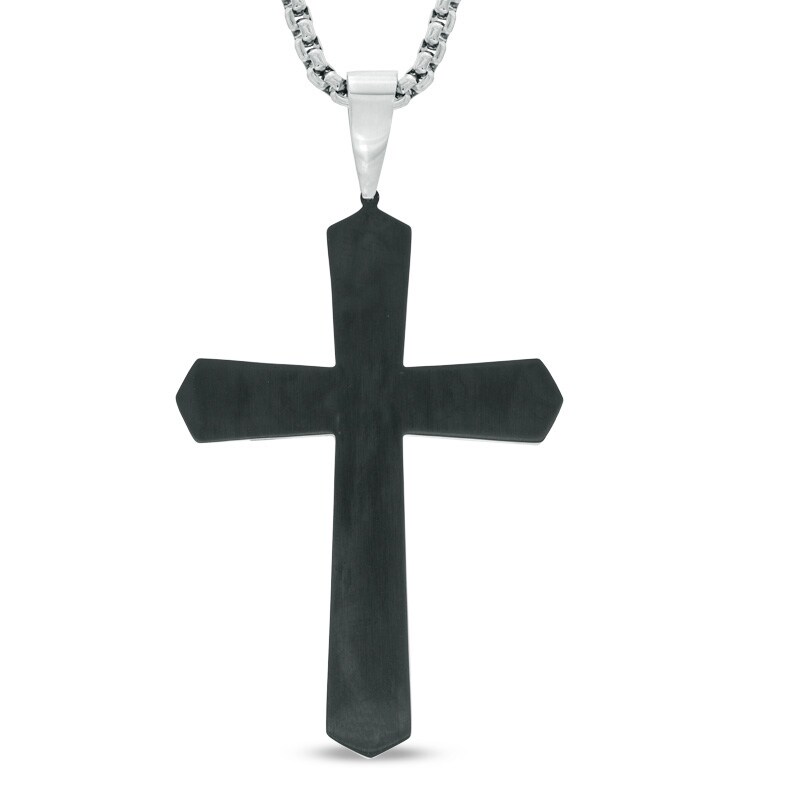 Previously Owned - Men's Lord's Prayer Cross Pendant in Stainless Steel and Black IP - 24"|Peoples Jewellers