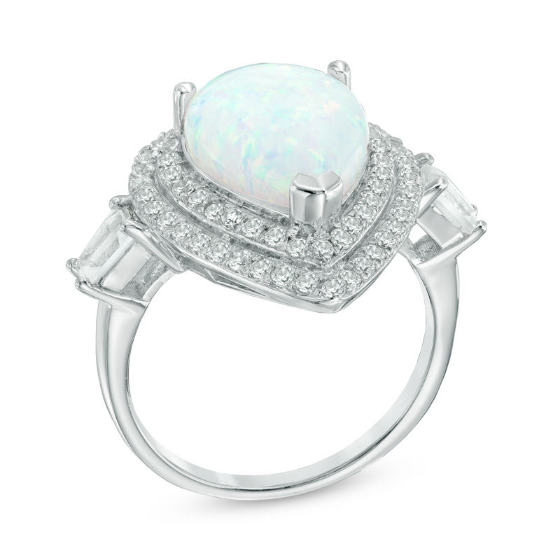Main Image 2 of Previously Owned - Pear-Shaped Lab-Created Opal and White Sapphire Frame Ring in Sterling Silver