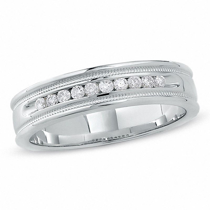 Main Image 1 of Previously Owned - Men's 0.25 CT. T.W. Diamond Channel Milgrain Band in 14K White Gold