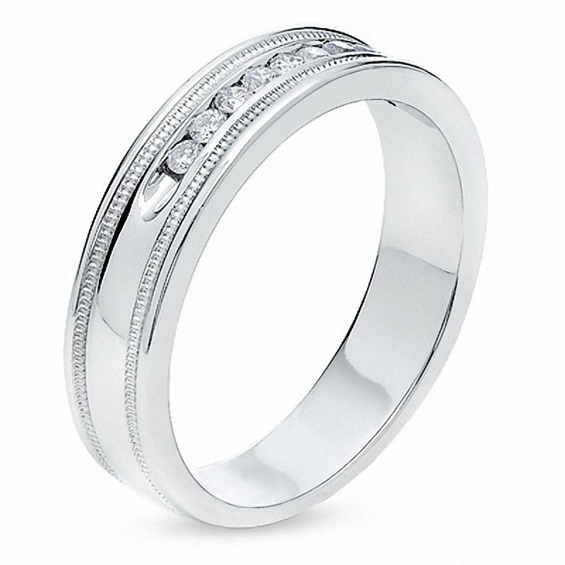 Main Image 2 of Previously Owned - Men's 0.25 CT. T.W. Diamond Channel Milgrain Band in 14K White Gold