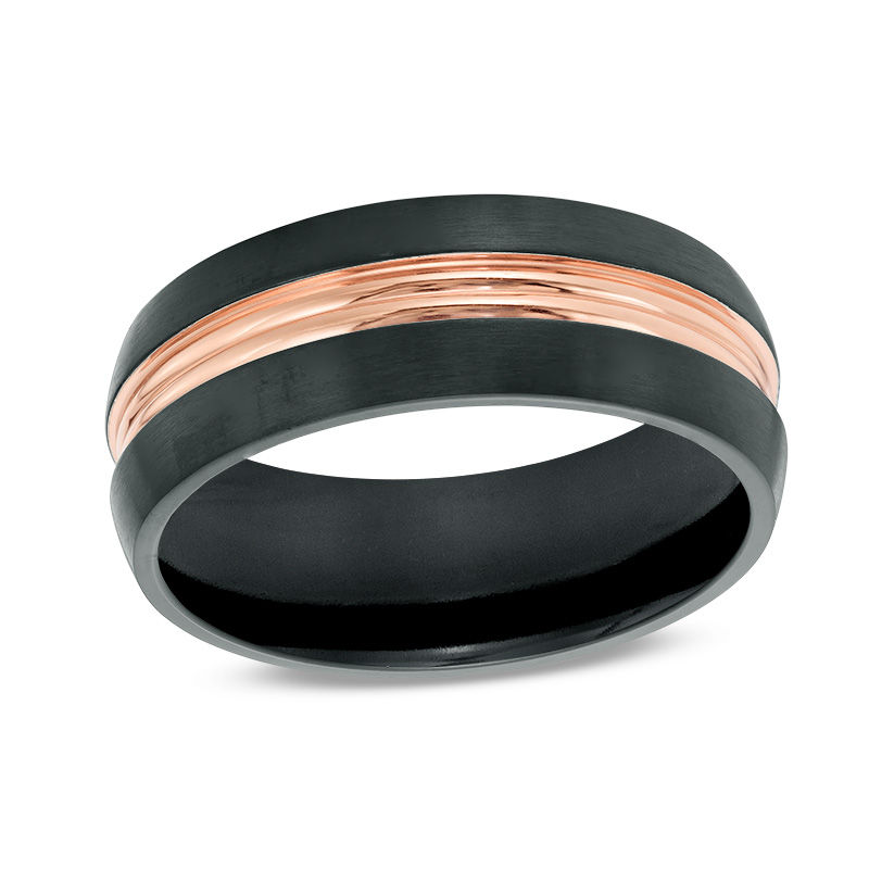 Previously Owned - Men's 8.0mm Etched Rose IP Centre Wedding Band in Black IP Stainless Steel|Peoples Jewellers