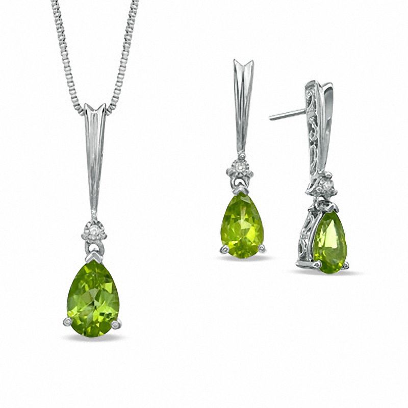 Previously Owned - Pear-Shaped Peridot and Diamond Accent Pendant and Earrings Set in Sterling Silver