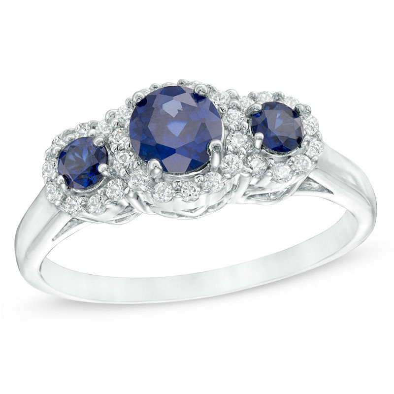 Previously Owned - 5.0mm Lab-Created Blue and White Sapphire Frame Three Stone Ring in 10K White Gold