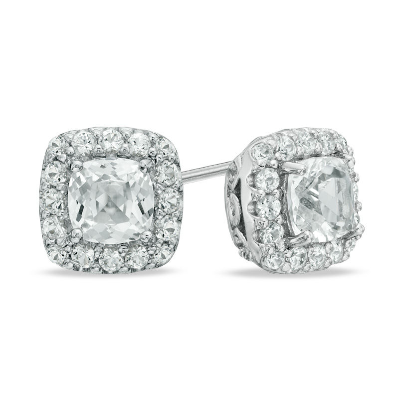 Previously Owned - 5.0mm Cushion-Cut Lab-Created White Sapphire Frame Stud Earrings in Sterling Silver