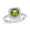 Thumbnail Image 1 of Previously Owned - 7.0mm Cushion-Cut Peridot and Lab-Created White Sapphire Frame Ring in Sterling Silver