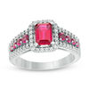 Thumbnail Image 1 of Previously Owned - Emerald-Cut Lab-Created Ruby and White Sapphire Frame Ring in Sterling Silver