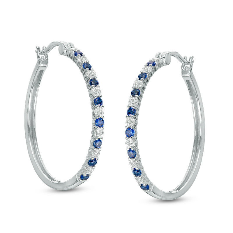 Main Image 1 of Previously Owned - Alternating Lab-Created Blue and White Sapphire Hoop Earrings in Sterling Silver
