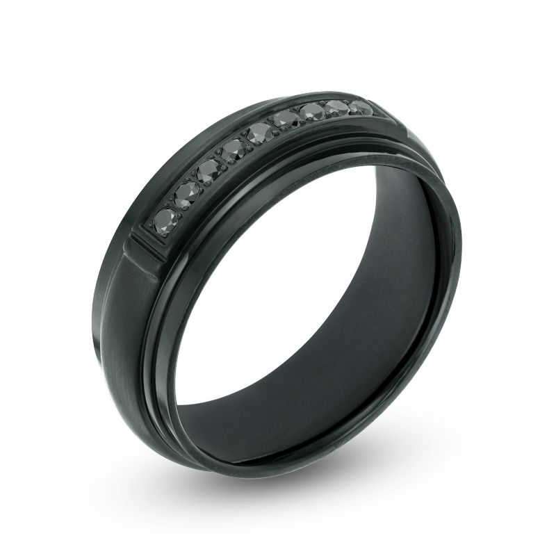 Main Image 2 of Previously Owned - 0.16 CT. T.W Black Diamond Channel Wedding Band in Black IP Stainless Steel