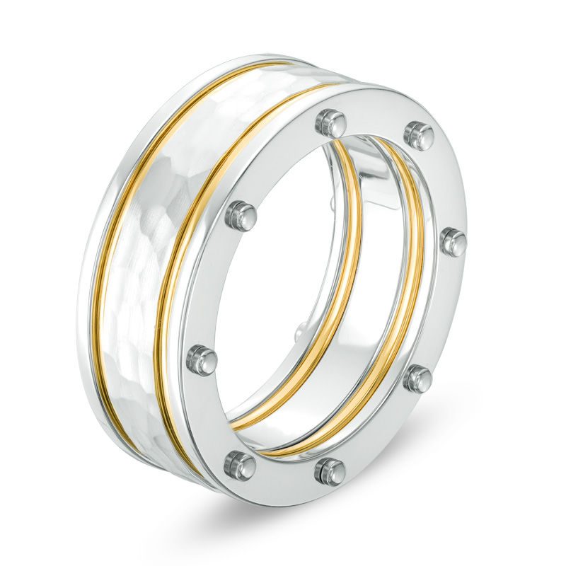 Main Image 2 of Previously Owned - Men's 9.0mm Hammered Centre Yellow IP Stripes Riveted Wedding Band in Stainless Steel
