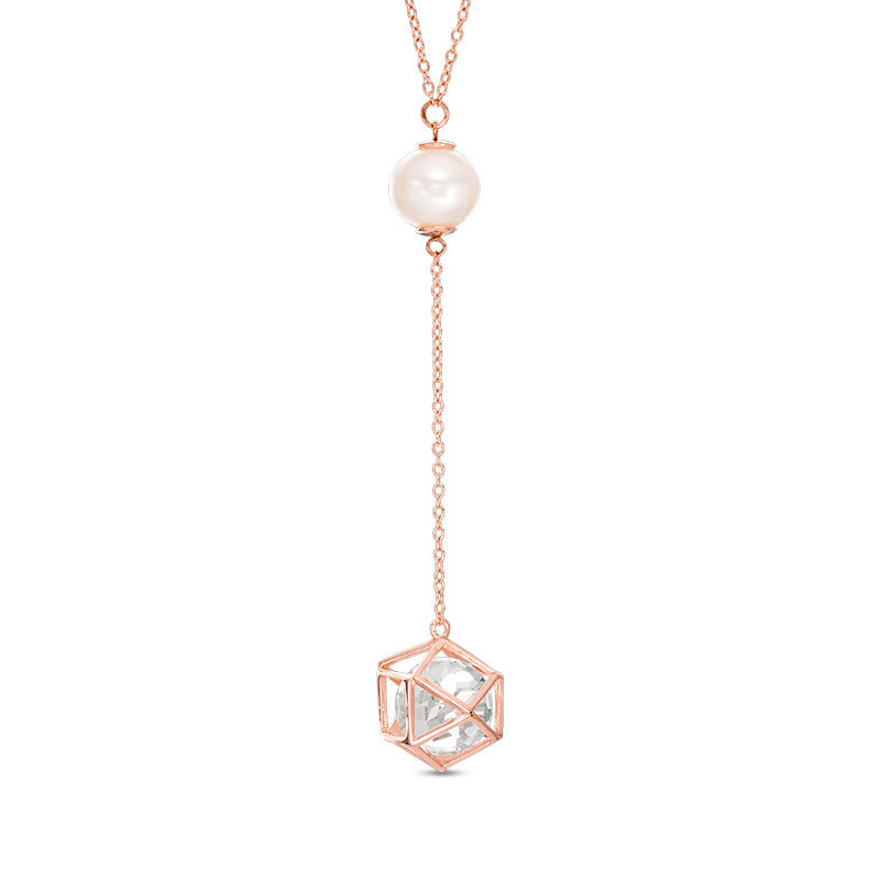 Previously Owned - Cultured Freshwater Pearl and Created Sapphire Necklace in Sterling Silver with 18K Rose Gold Plate