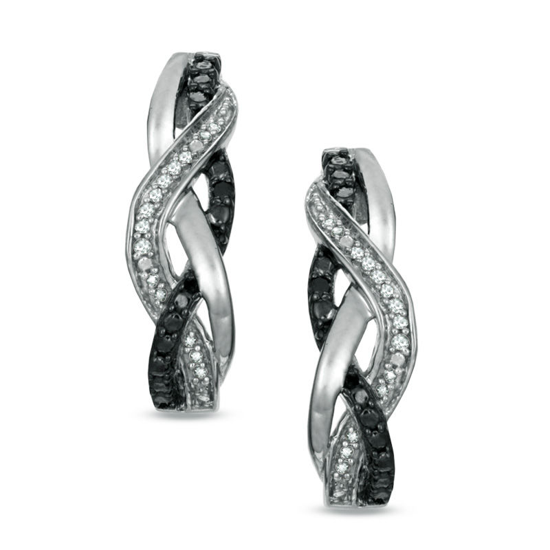 Previously Owned - 0.09 CT. T.W. Enhanced Black and White Diamond Loose Braid Hoop Earrings in Sterling Silver