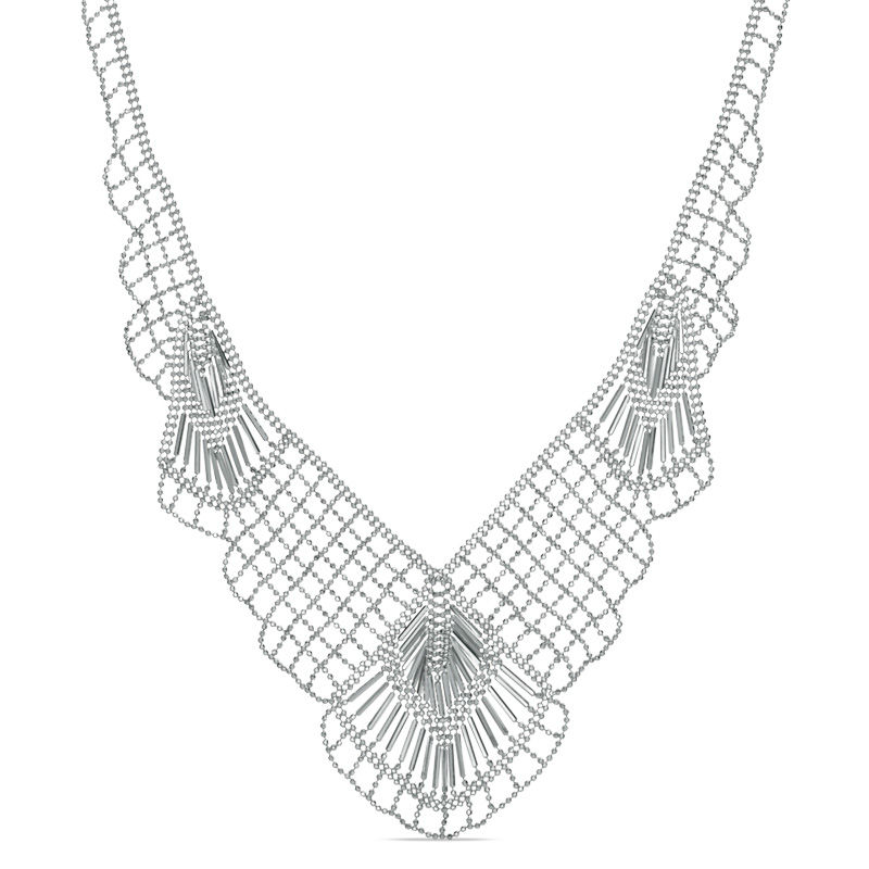 Previously Owned - Diamond-Cut Beaded Mesh Fan Bib Necklace in Sterling Silver - 17"