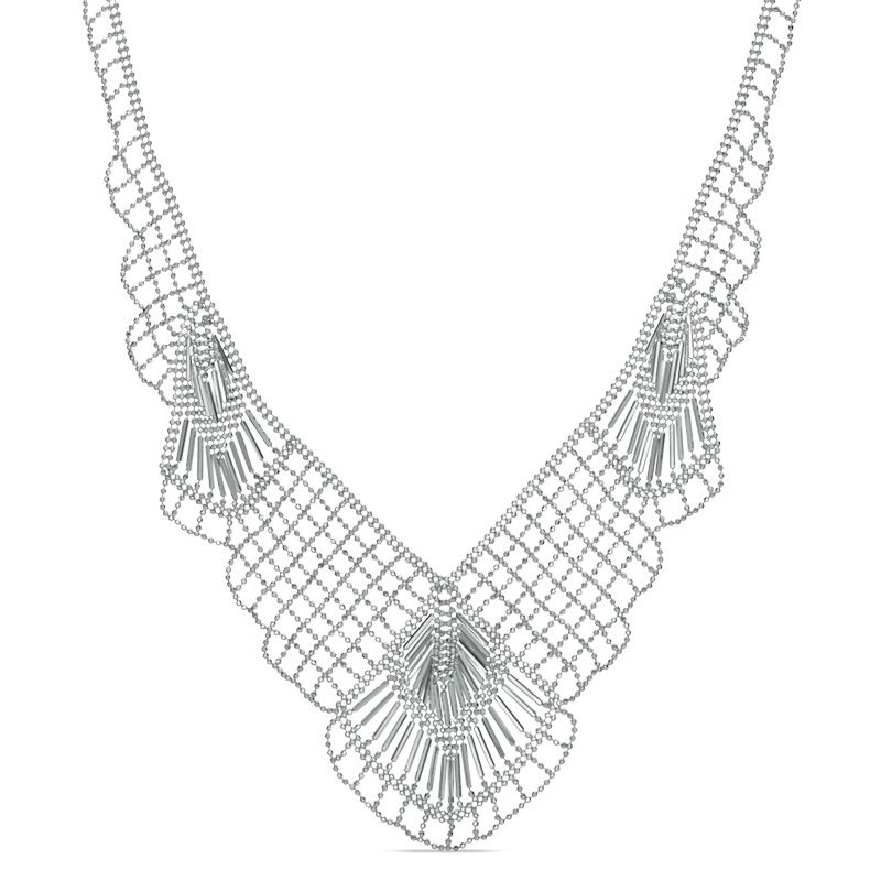 Main Image 1 of Previously Owned - Diamond-Cut Beaded Mesh Fan Bib Necklace in Sterling Silver - 17"