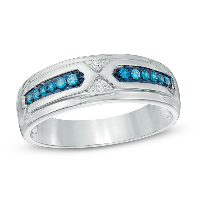 Previously Owned - Men's 0.15 CT. T.W. Enhanced Blue and White Diamond Wedding Band in 10K White Gold|Peoples Jewellers