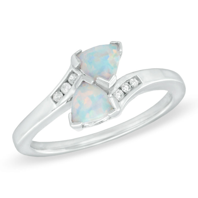 Previously Owned - 5.0mm Trillion-Cut Lab-Created Opal and Diamond Accent Bypass Ring in Sterling Silver