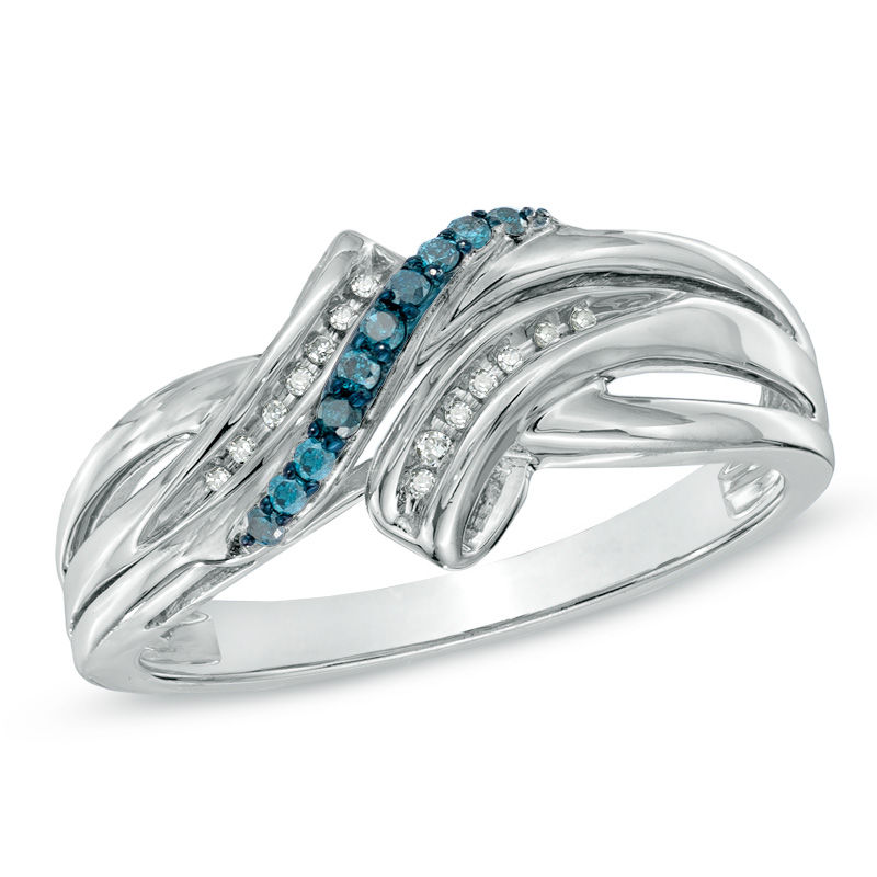 Main Image 1 of Previously Owned - 0.07 CT. T.W. Enhanced Blue and White Diamond Double Bypass Ring in Sterling Silver