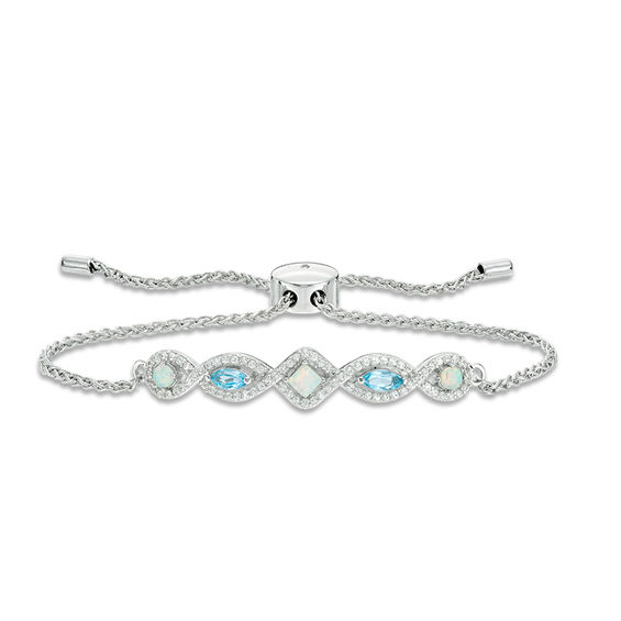 Previously Owned - Lab-Created Opal, Blue Topaz and White Sapphire Geometric Bolo Bracelet in Sterling Silver - 9.0"