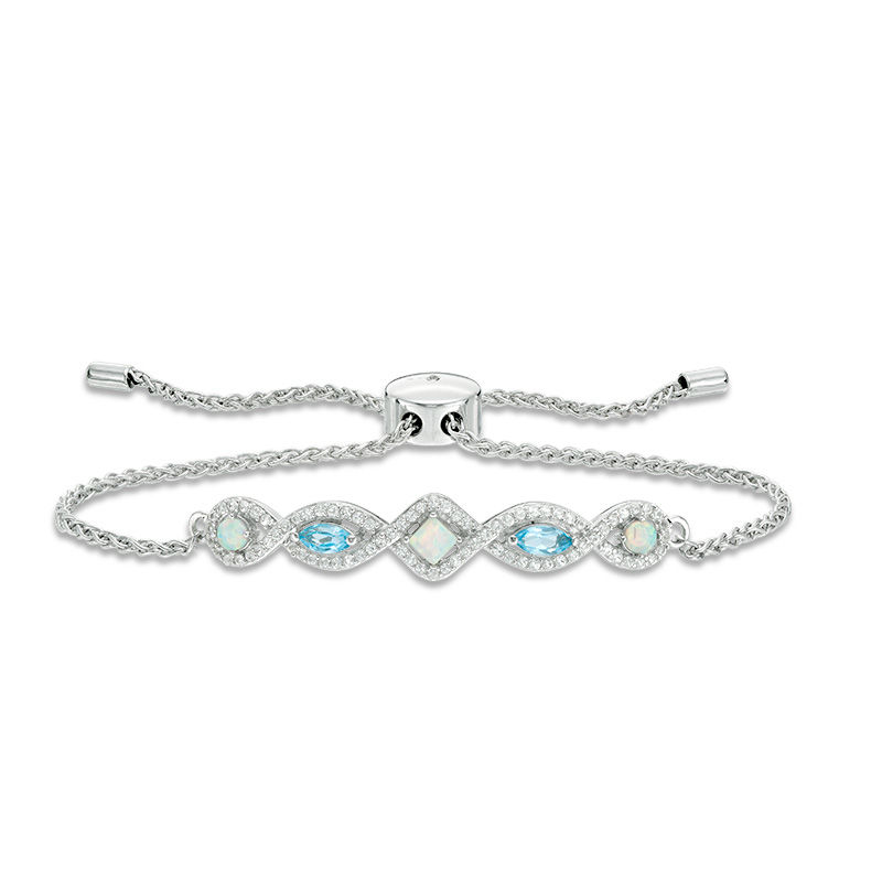 Previously Owned - Lab-Created Opal, Blue Topaz and White Sapphire Geometric Bolo Bracelet in Sterling Silver - 9.0"