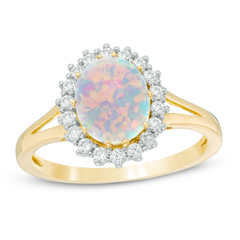 Previously Owned - Oval Lab-Created Opal and White Sapphire Frame Split Shank Ring in 10K Gold