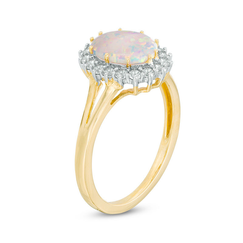 Previously Owned - Oval Lab-Created Opal and White Sapphire Frame Split Shank Ring in 10K Gold