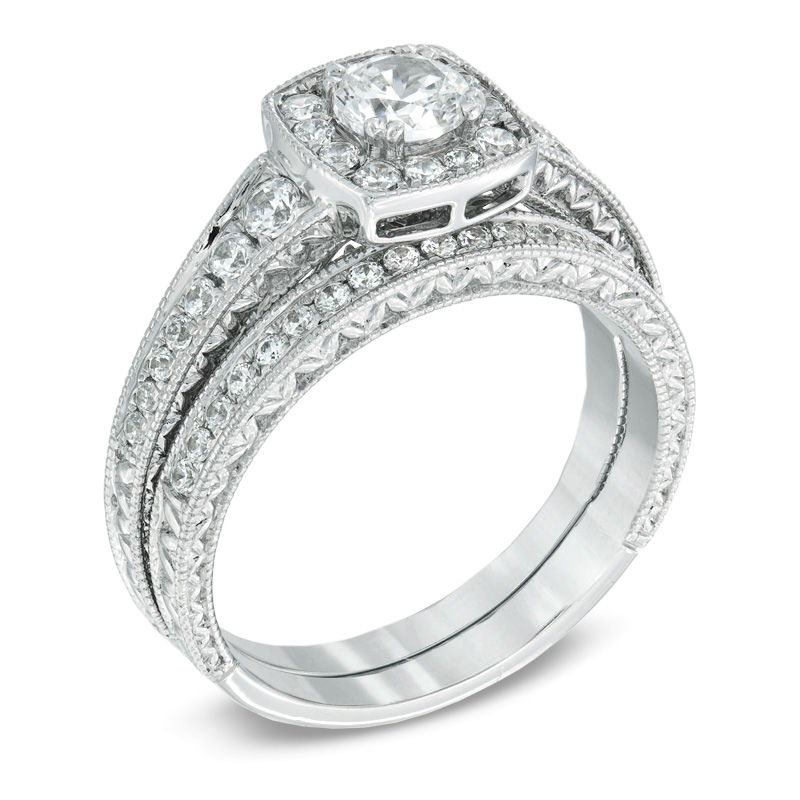 Main Image 2 of Previously Owned - Celebration  Grand™ 0.95 CT. T.W. Diamond Vintage-Style Bridal Set in 14K White Gold (I/I1)