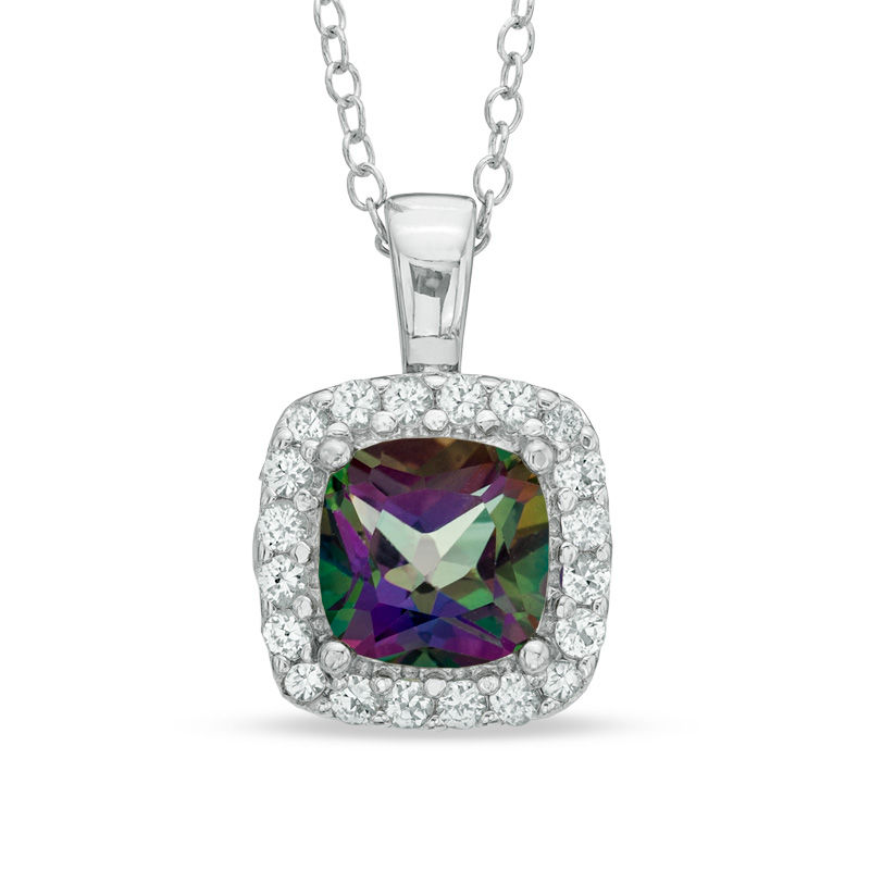 Previously Owned - 7.0mm Mystic Fire® Topaz and Lab-Created White Sapphire Frame Pendant in Sterling Silver