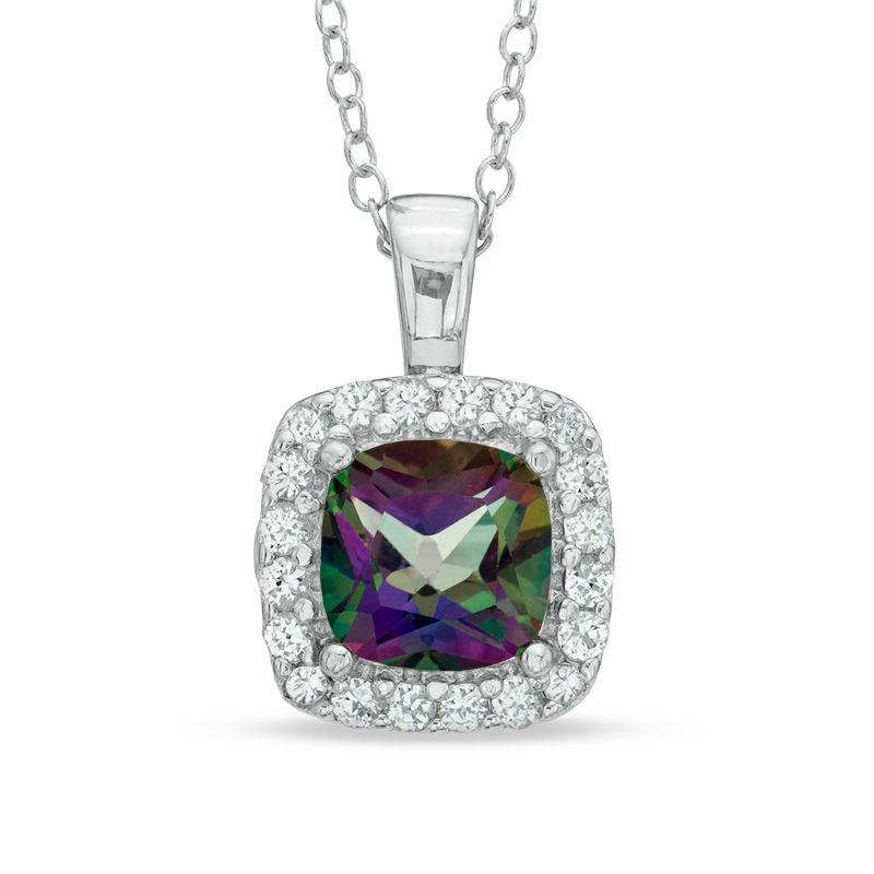 Main Image 1 of Previously Owned - 7.0mm Mystic Fire® Topaz and Lab-Created White Sapphire Frame Pendant in Sterling Silver