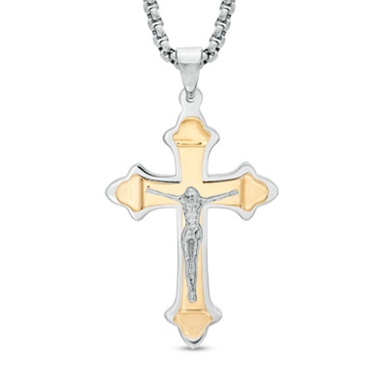 Previously Owned - Men's Crucifix Pendant in Two-Tone Stainless Steel - 24"