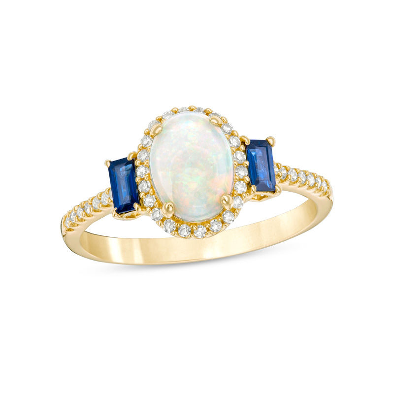 Previously Owned - Oval Opal, Blue Sapphire and 0.10 CT. T.W. Diamond Frame Three Stone Ring in 10K Gold