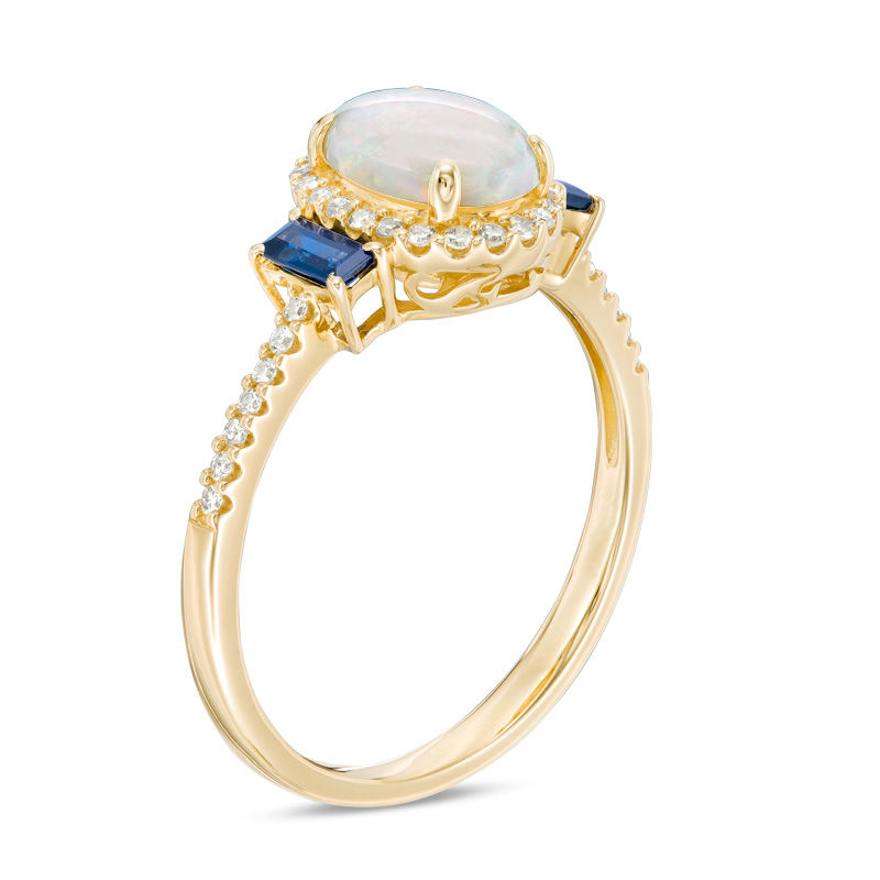 Main Image 2 of Previously Owned - Oval Opal, Blue Sapphire and 0.10 CT. T.W. Diamond Frame Three Stone Ring in 10K Gold