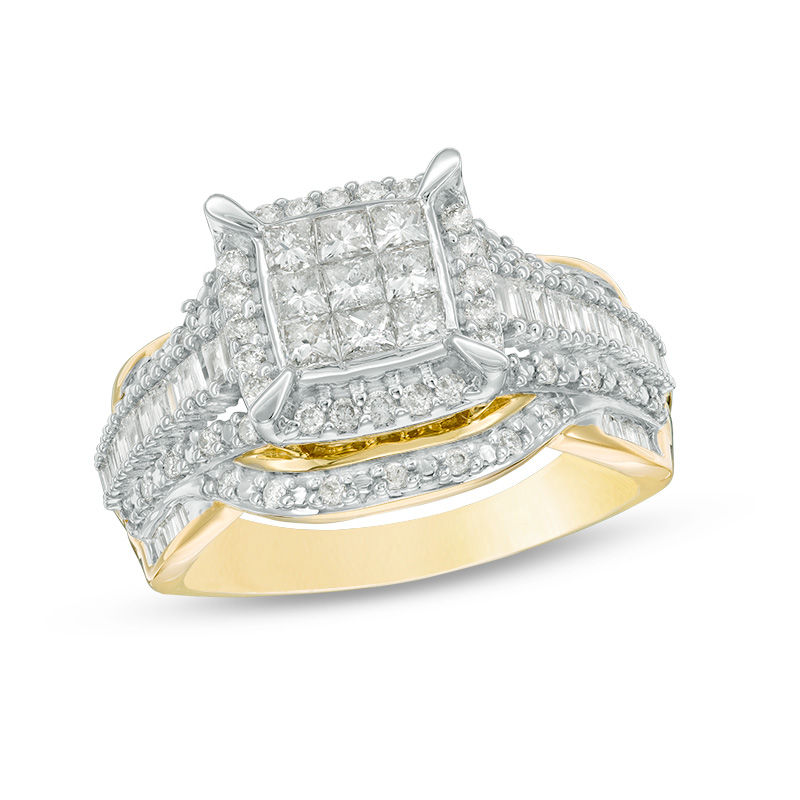 Previously Owned - 1.00 CT. T.W. Composite Princess-Cut Diamond Frame Multi-Row Engagement Ring in 10K Gold