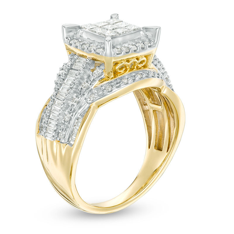 Previously Owned - 1.00 CT. T.W. Composite Princess-Cut Diamond Frame Multi-Row Engagement Ring in 10K Gold